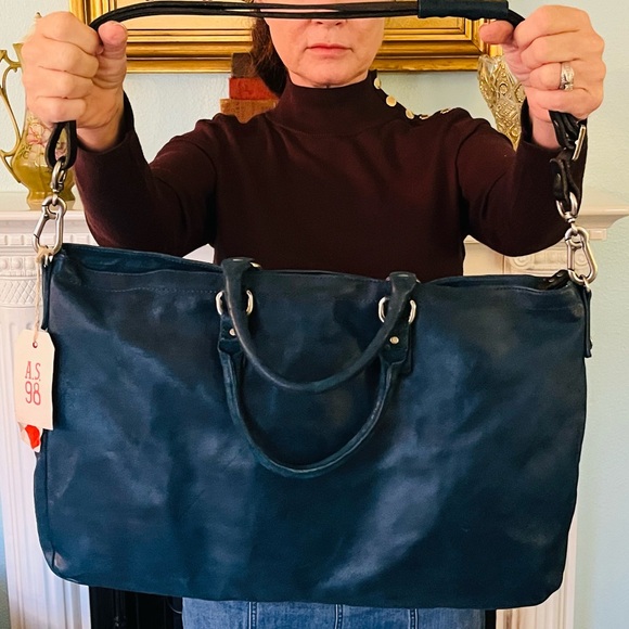 NWT A.S. 98 leather unisex Ocean Blue with black trim zipper satchel bag - Picture 7 of 13